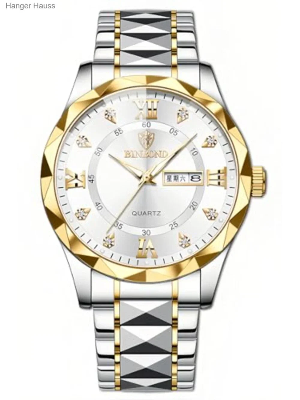 Men's Business Diamond Stainless Steel Quartz Watch Day-Date Calendar Roman